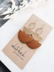 Brown Leather & Brass Stacked Half Moon Dangle Earrings