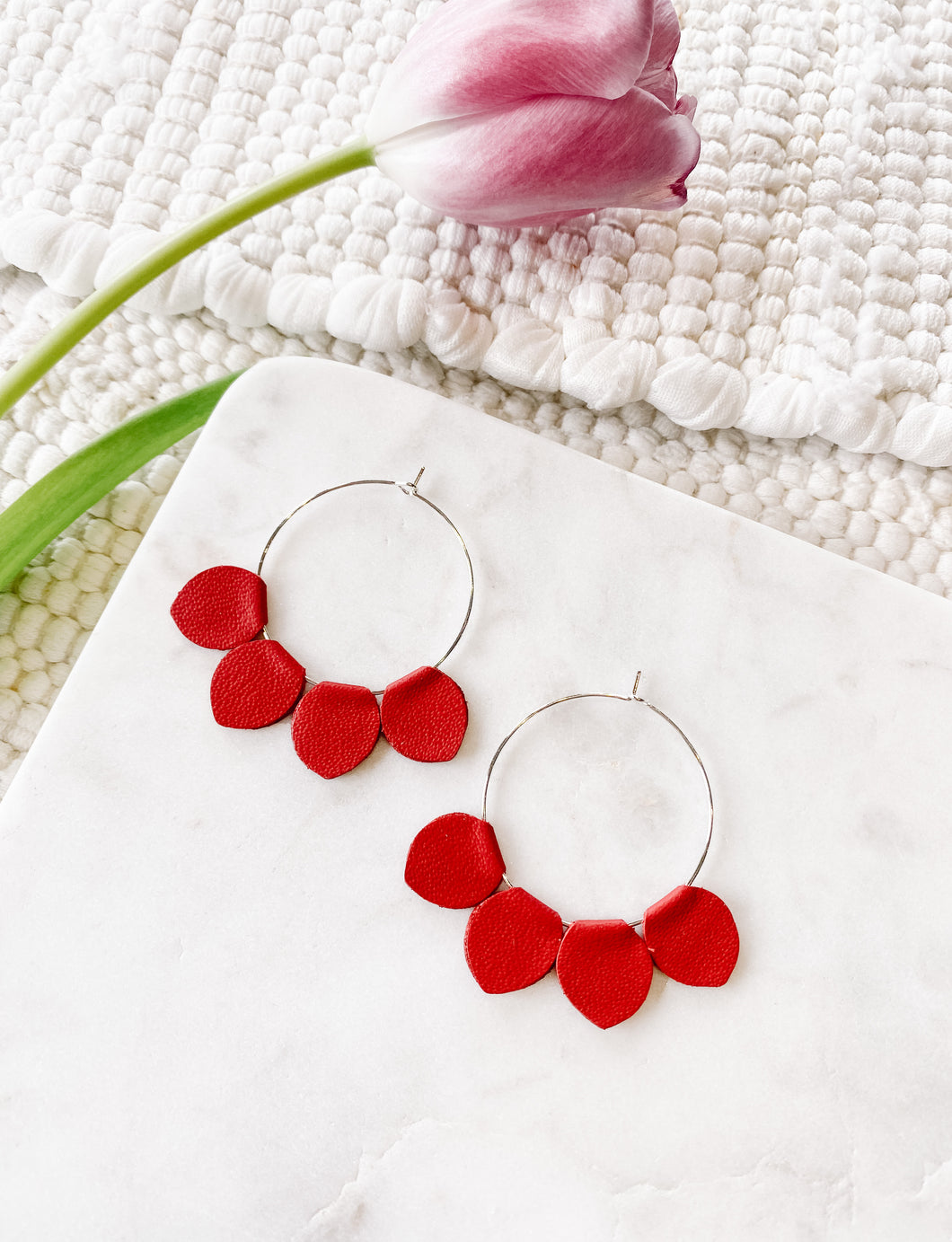 Red Leather Petal Hoop Earrings