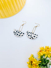 Load image into Gallery viewer, Black &amp; White Polka Dot Cork Leather &amp; Brass Oval Earrings
