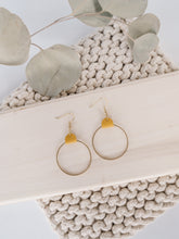 Load image into Gallery viewer, Mustard Yellow Leather &amp; Brass Circle Earrings
