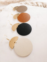 Load image into Gallery viewer, Beige Leather Disc &amp; Brass Half Moon Stacked Dangle Earrings
