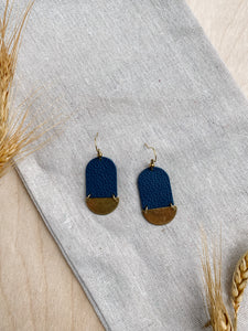 Navy Blue Leather & Mini Brass Half Moon Geometric Earrings