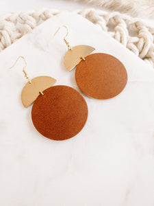 Brown Leather Disc & Brass Half Moon Stacked Dangle Earrings