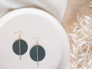 Dark Grey Leather Disc and Brass Bar Earrings
