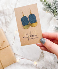 Load image into Gallery viewer, Navy Blue Leather &amp; Mini Brass Half Moon Geometric Earrings
