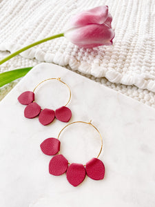Raspberry Pink Leather Petal Hoop Earrings