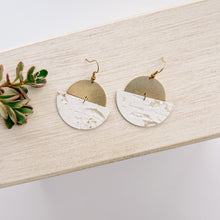 Load image into Gallery viewer, White and Gold Fleck Leather Half Moon &amp; Brass Half Moon Dangle Earrings

