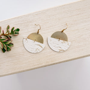White and Gold Fleck Leather Half Moon & Brass Half Moon Dangle Earrings