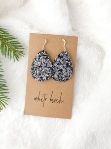 Silver & Black Glitter Leather Teardrop Earrings