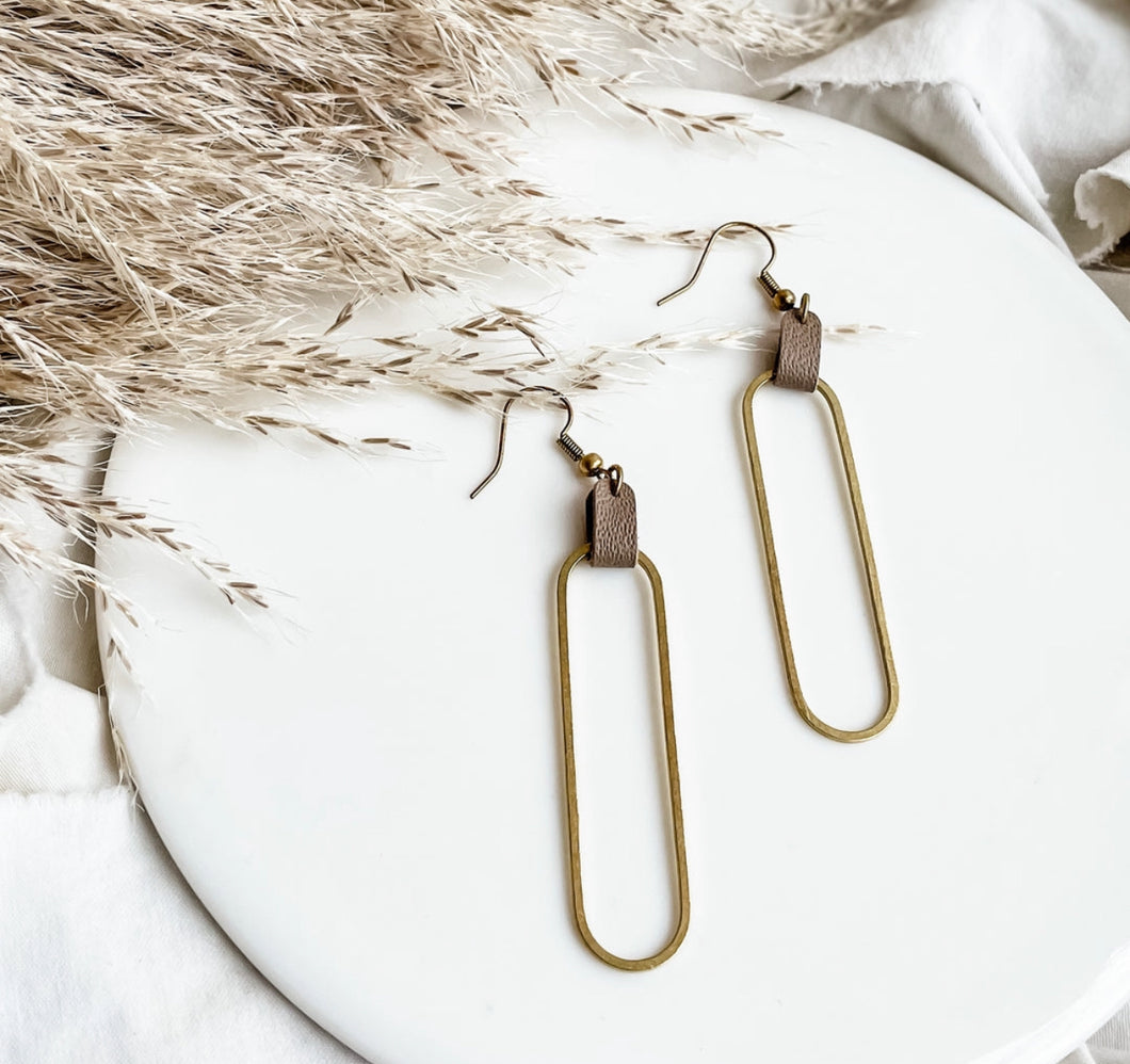 Latte Leather & Brass Oval Accent Earrings