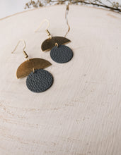 Load image into Gallery viewer, Dark Grey Leather Small Circle &amp; Brass Half Circle Stacked Earrings
