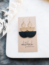 Load image into Gallery viewer, Black Leather &amp; Brass Accent Half Moon Stacked Dangle Earrings
