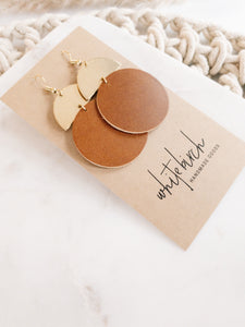 Brown Leather Disc & Brass Half Moon Stacked Dangle Earrings