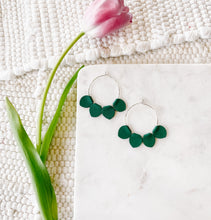 Load image into Gallery viewer, Emerald Green Leather Petal Hoop Earrings.
