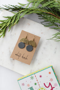 Dark Grey Leather Small Circle & Brass Half Circle Stacked Earrings