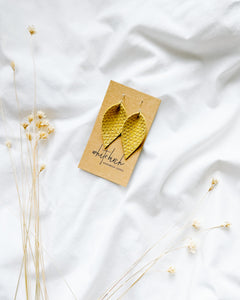 SALE - Light Yellow Textured Suede Leather Leaf Earrings
