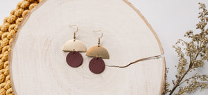 Burgundy Leather Small Circle & Brass Earrings