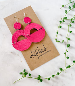 neon pink circle shape leather earrings