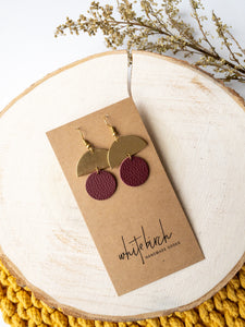 Burgundy Leather Small Circle & Brass Half Circle Stacked Earrings