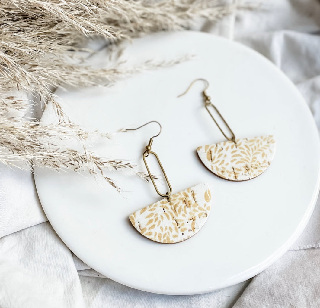 Golden Wheat Cork Leather & Brass Oval Earrings