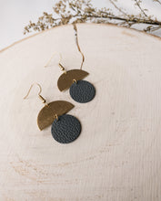 Load image into Gallery viewer, Dark Grey Leather Small Circle &amp; Brass Half Circle Stacked Earrings
