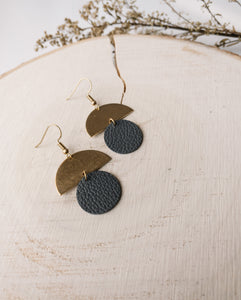 Dark Grey Leather Small Circle & Brass Half Circle Stacked Earrings