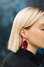 Load image into Gallery viewer, Maroon Braided Leather Leaf Earrings
