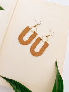 Biscuit Brown U-Shaped Leather & Brass Ring Earrings