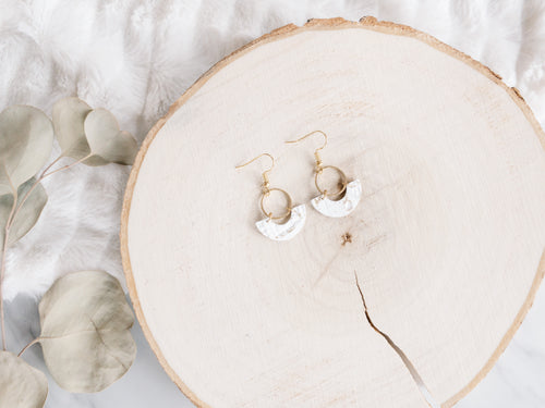 White and Gold Fleck Leather and Brass Earrings