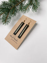 Load image into Gallery viewer, Black Leather Bar Earrings with a Thin Brass Bar Accent.
