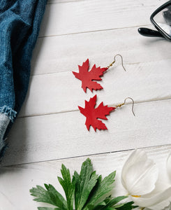 Canadian Red Maple Leaf Leather Earrings