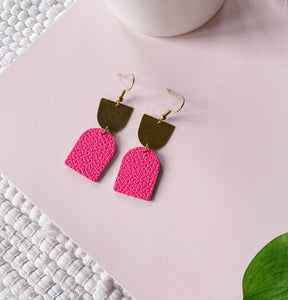 Neon Pink Leather with Oblong Brass Accent Earrings