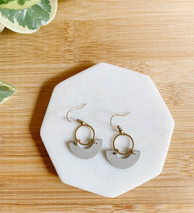 Greige Leather & Brass Ring Geometric Earrings