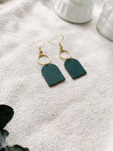 Load image into Gallery viewer, Dark Green Leather with Brass Circle Earrings 
