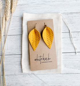 Goldenrod Yellow Braided Leather Leaf Earrings