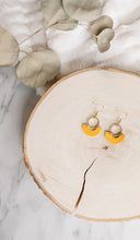 Load image into Gallery viewer, Mustard Yellow Leather &amp; Brass Ring Geometric Earrings
