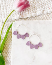 Load image into Gallery viewer, Lavender Purple Leather Petal Hoop Earrings
