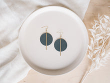 Load image into Gallery viewer, Dark Grey Leather Disc and Brass Bar Earrings

