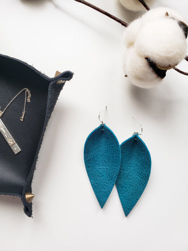 Ocean Blue Leather Leaf Earrings