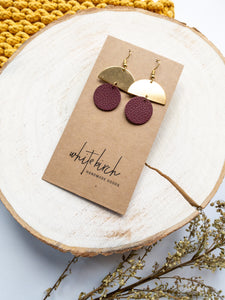 Burgundy Leather Small Circle & Brass Half Circle Stacked Earrings