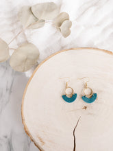 Load image into Gallery viewer, Teal Blue Leather and Brass Ring Earrings
