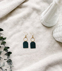 Dark Green Leather with Brass Circle Earrings