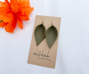 Army Green Leather Leaf Earrings