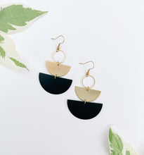 Load image into Gallery viewer, Black Leather &amp; Brass Accent Half Moon Stacked Dangle Earrings
