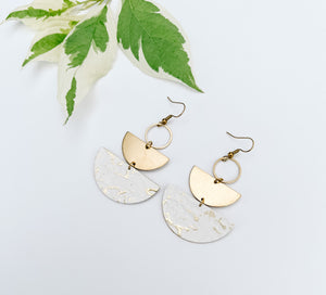 White and Gold Fleck Leather & Brass Stacked Half Moon Dangle Earrings