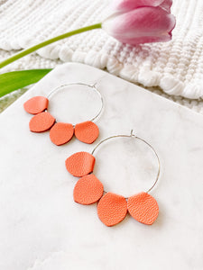 Coral Leather Petal Rose Gold Hoop Earrings