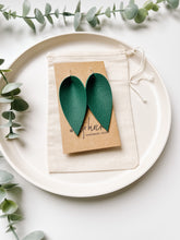 Load image into Gallery viewer, Emerald Green Leather Leaf Earrings.

