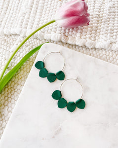 Emerald Green Leather Petal Hoop Earrings.