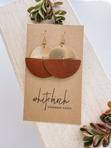 Brown Leather Half Moon & Brass Half Moon Dangle Earrings.