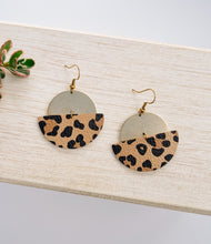 Load image into Gallery viewer, Cheetah Print Leather Half Moon &amp; Brass Half Moon Dangle Earrings
